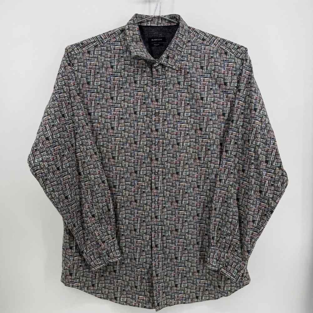 Bugatchi Button Up Mens XL Cassette Tape Print Cotton Multicolor Graphic Shirt